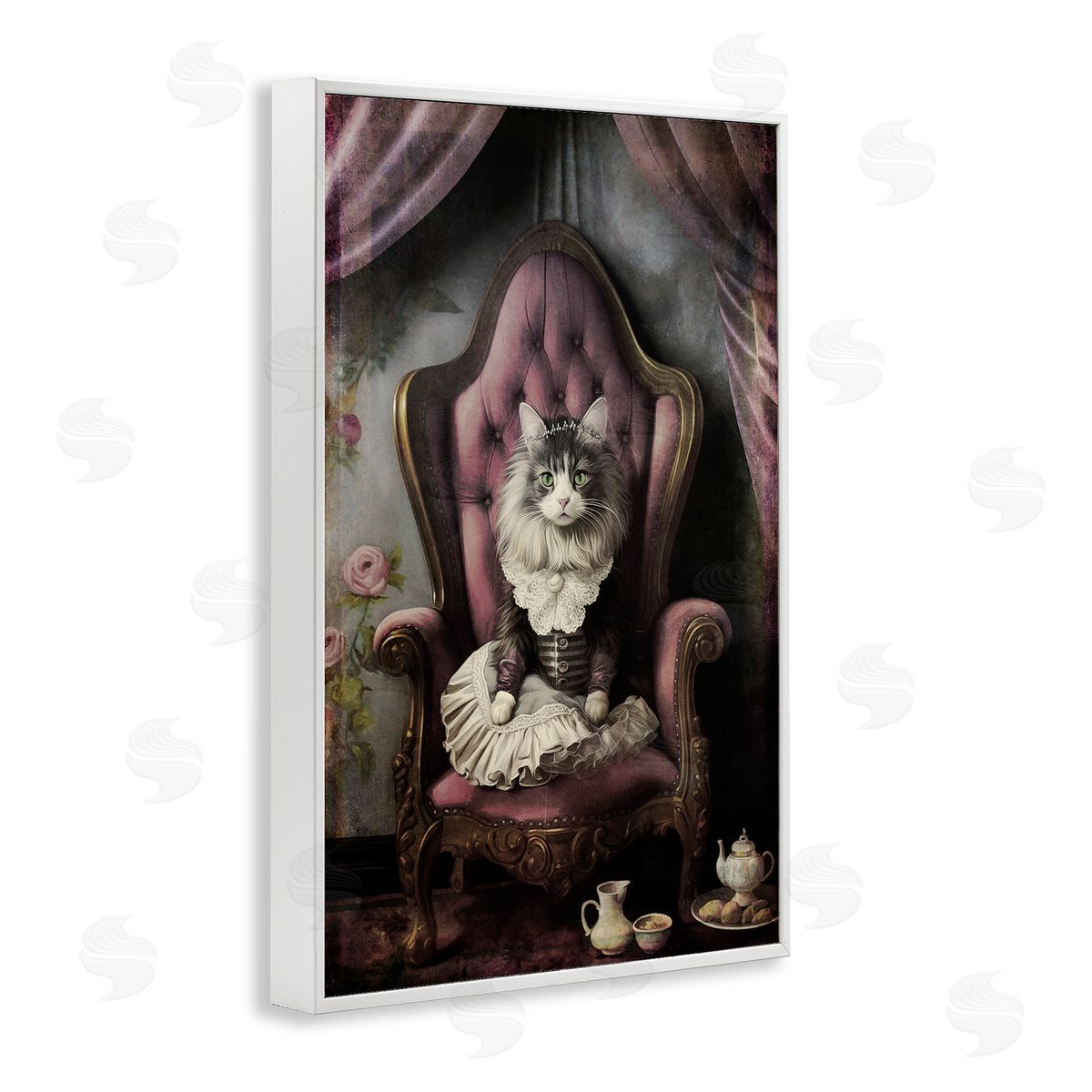Royal Cat and Tea White Frame Print Wall Art, Home Decor by Sasha