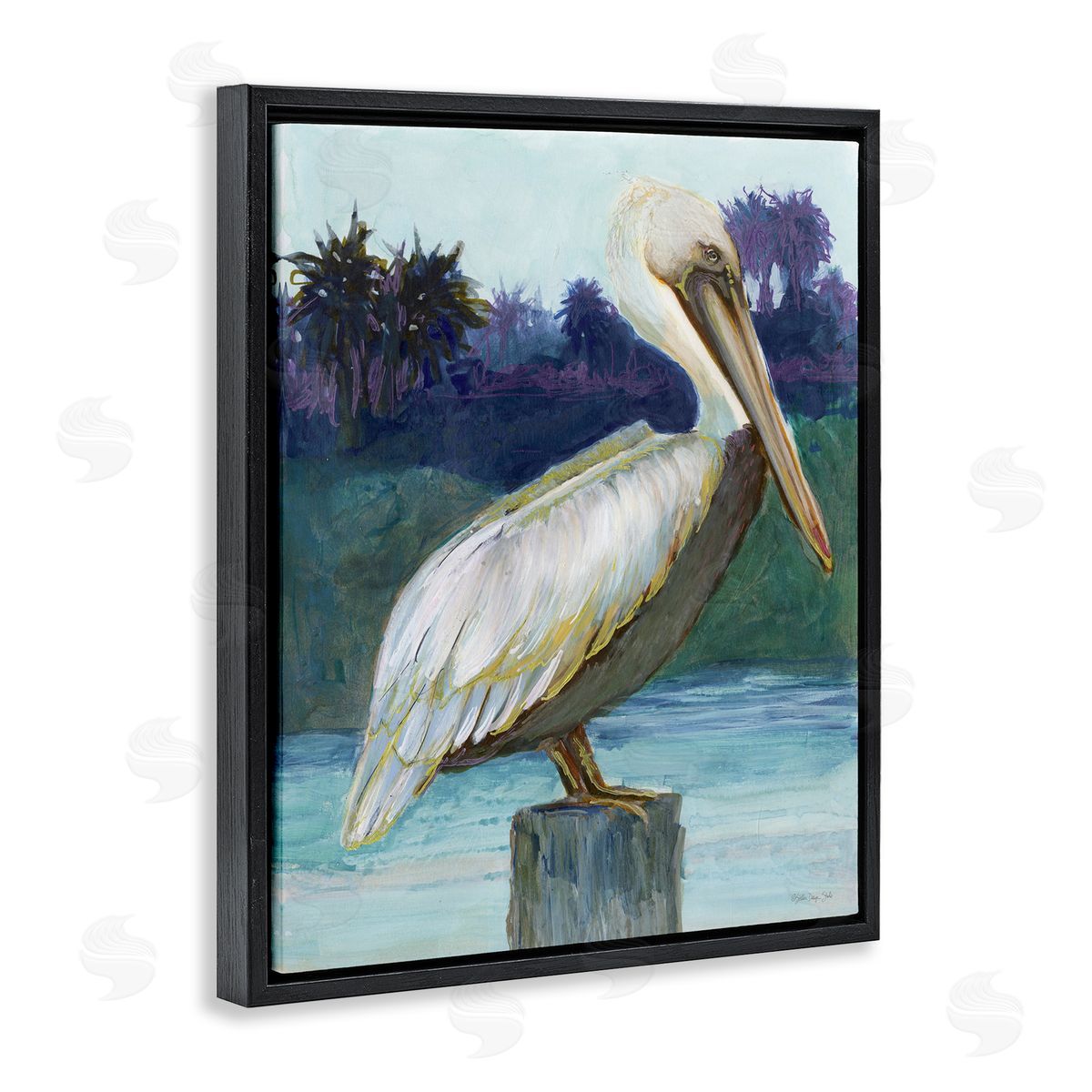Tropical Pelican Perched Black Floating Frame Canvas Wall Art, Home Decor by Stellar Design Studio