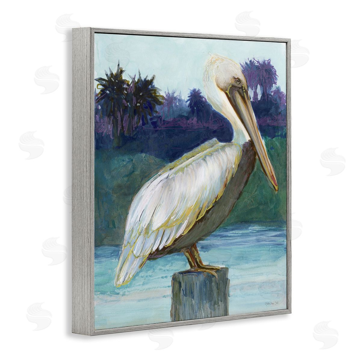 Tropical Pelican Perched Grey Frame Print Wall Art, Home Decor by Stellar Design Studio