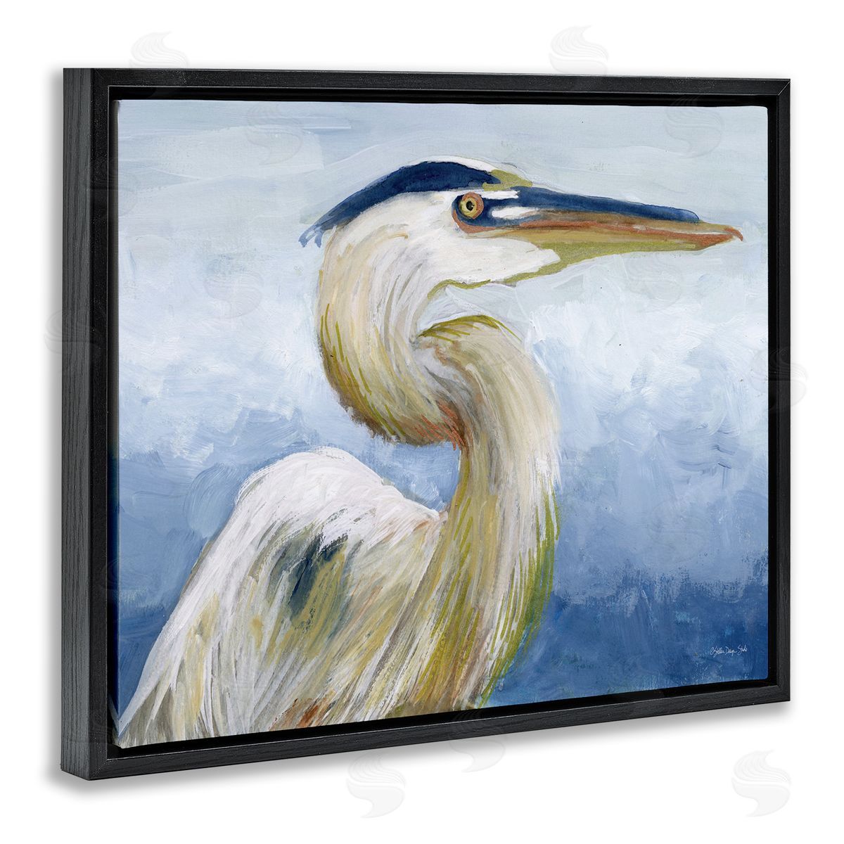 Heron and Blue Gradient Black Floating Frame Canvas Wall Art, Home Decor by Stellar Design Studio