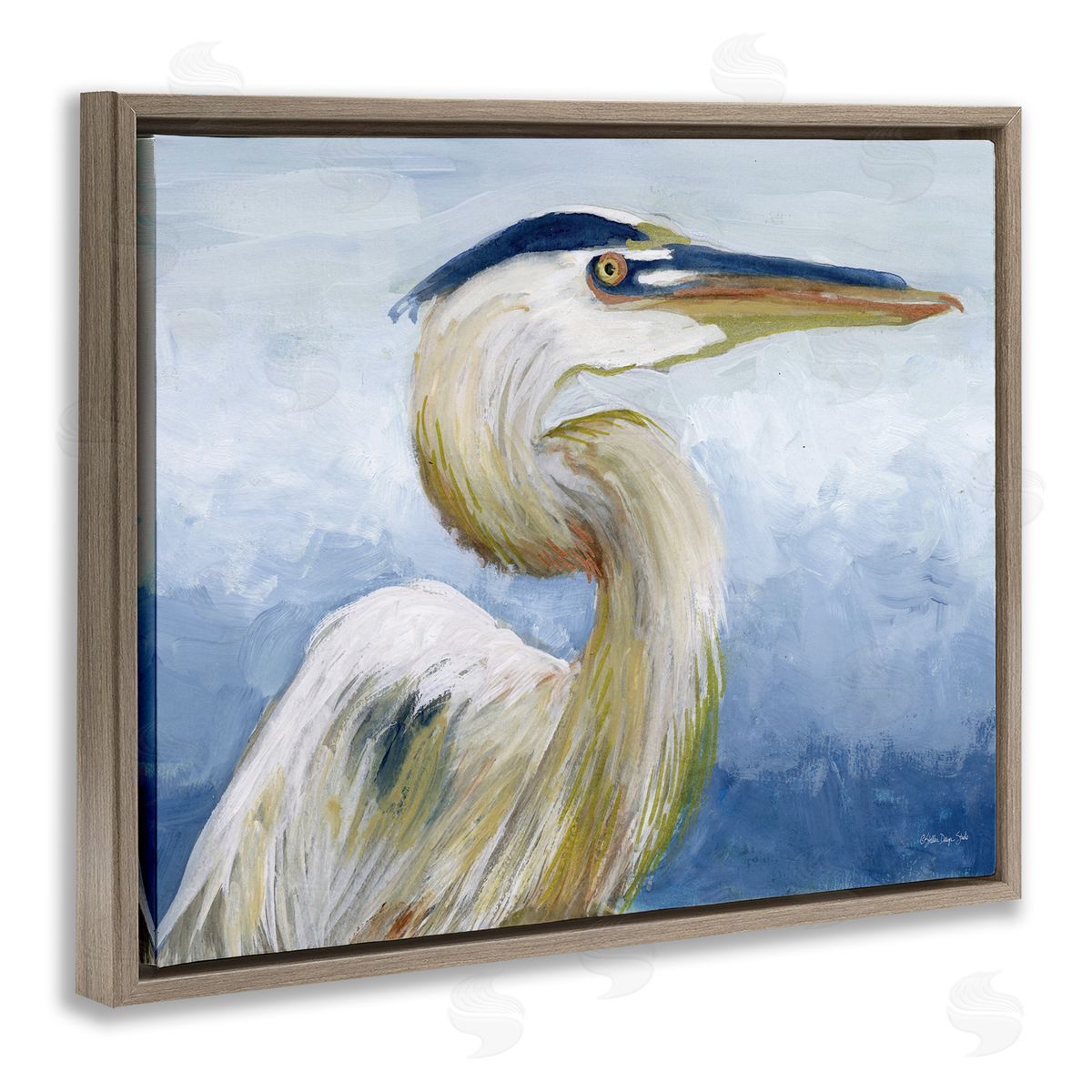 Heron and Blue Gradient Brown Floating Frame Canvas Wall Art, Home Decor by Stellar Design Studio