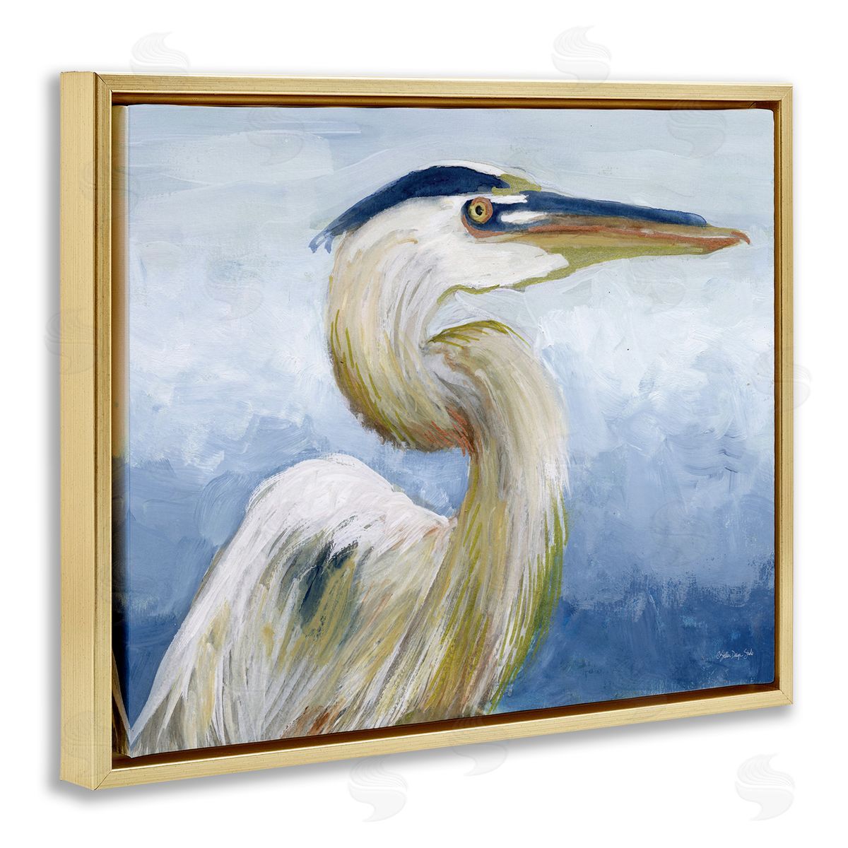 Heron and Blue Gradient Gold Floating Frame Canvas Wall Art, Home Decor by Stellar Design Studio