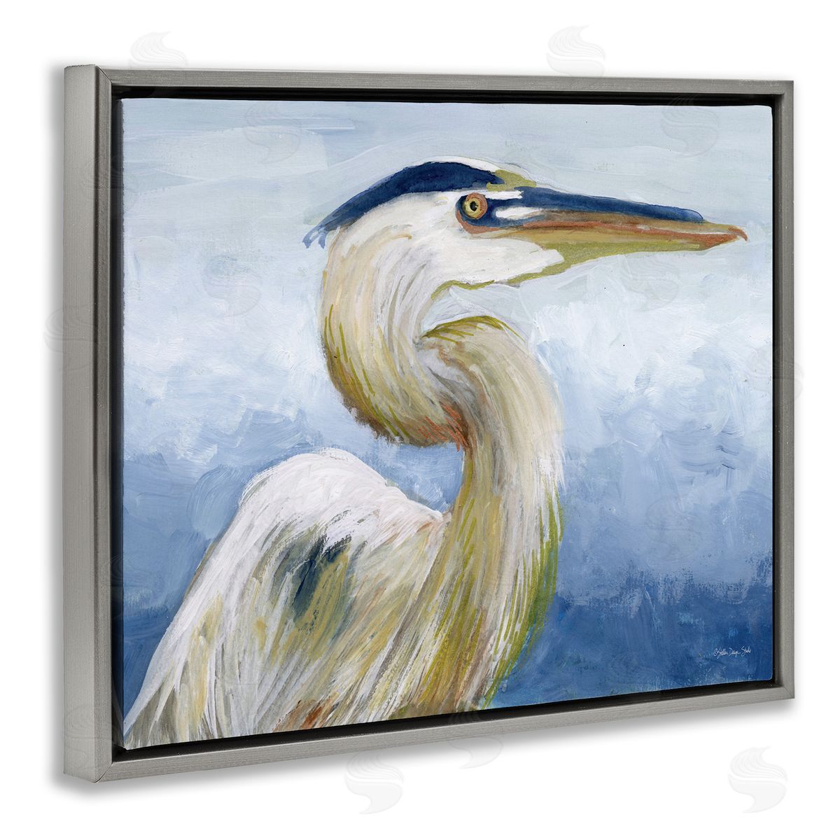 Heron and Blue Gradient Grey Floating Frame Canvas Wall Art, Home Decor by Stellar Design Studio