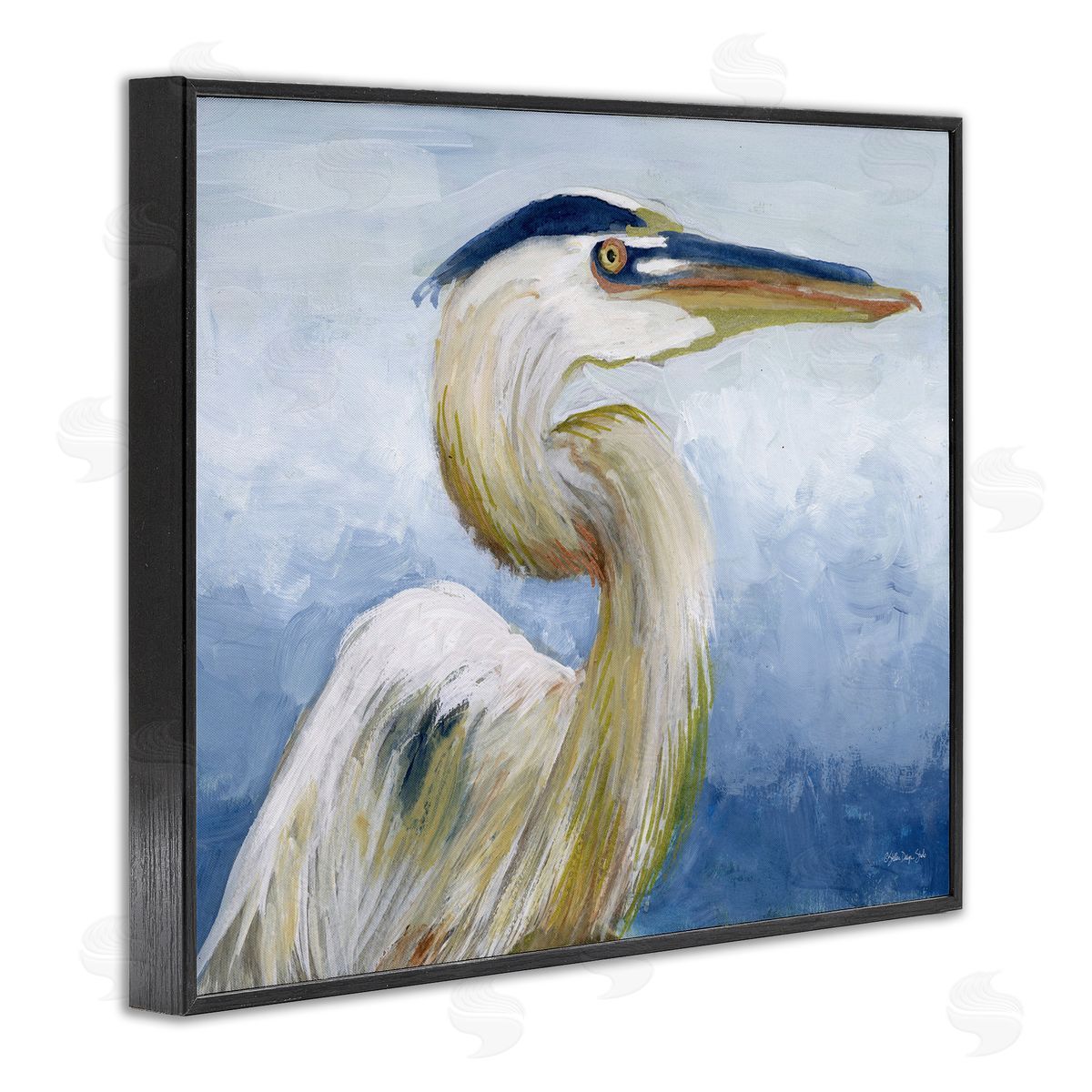 Heron and Blue Gradient Black Frame Print Wall Art, Home Decor by Stellar Design Studio