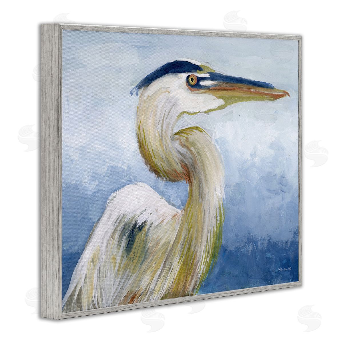 Heron and Blue Gradient Grey Frame Print Wall Art, Home Decor by Stellar Design Studio
