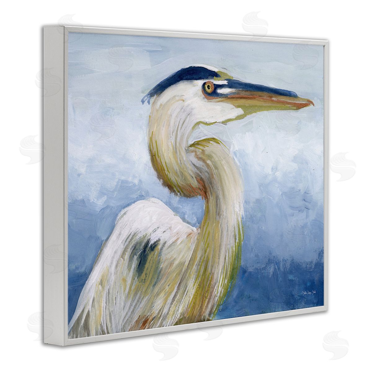 Heron and Blue Gradient White Frame Print Wall Art, Home Decor by Stellar Design Studio