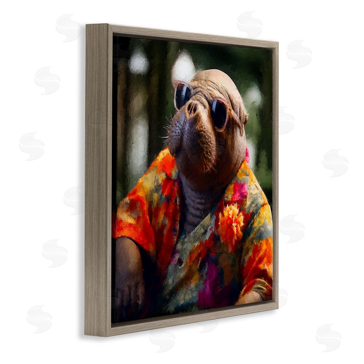 Manatee with Aloha Shirt Brown Floating Frame Canvas Wall Art, Home Decor by Sean Parnell