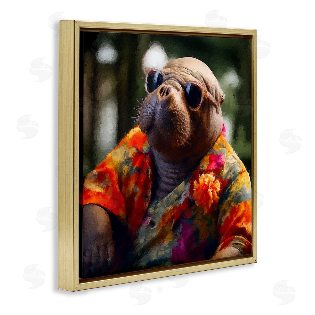 Manatee with Aloha Shirt Gold Floating Frame Canvas Wall Art, Home Decor by Sean Parnell