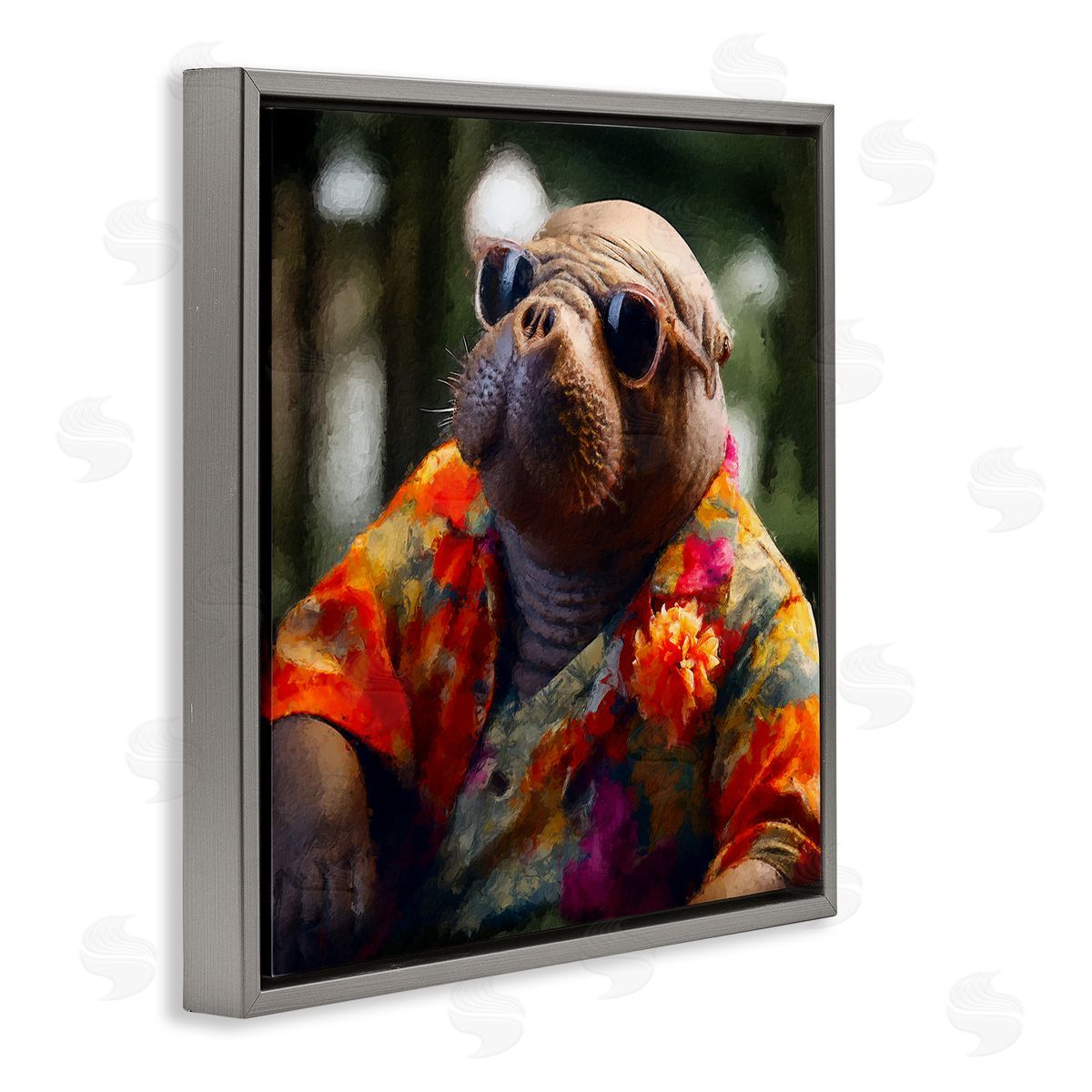 Manatee with Aloha Shirt Grey Floating Frame Canvas Wall Art, Home Decor by Sean Parnell