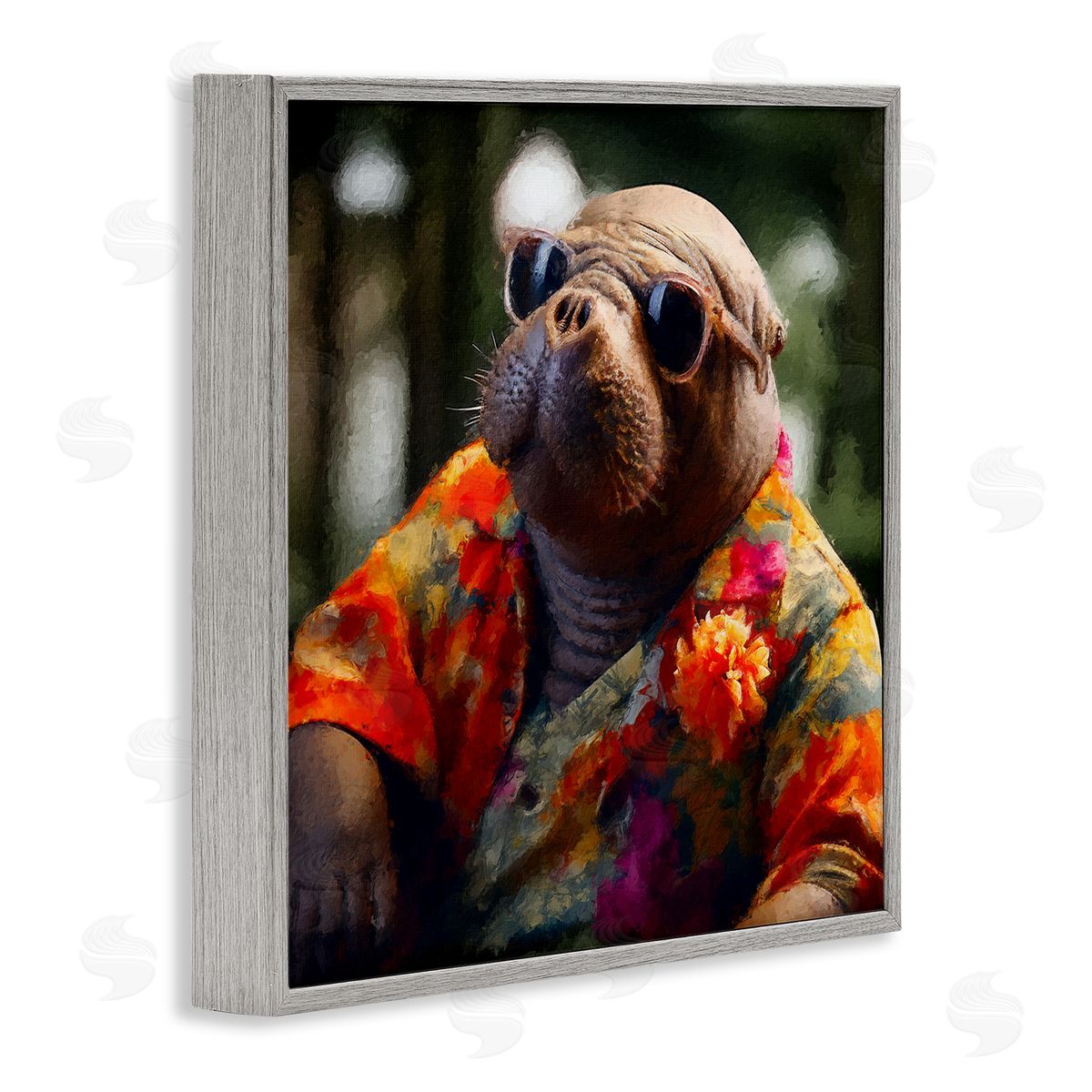 Manatee with Aloha Shirt Grey Frame Print Wall Art, Home Decor by Sean Parnell