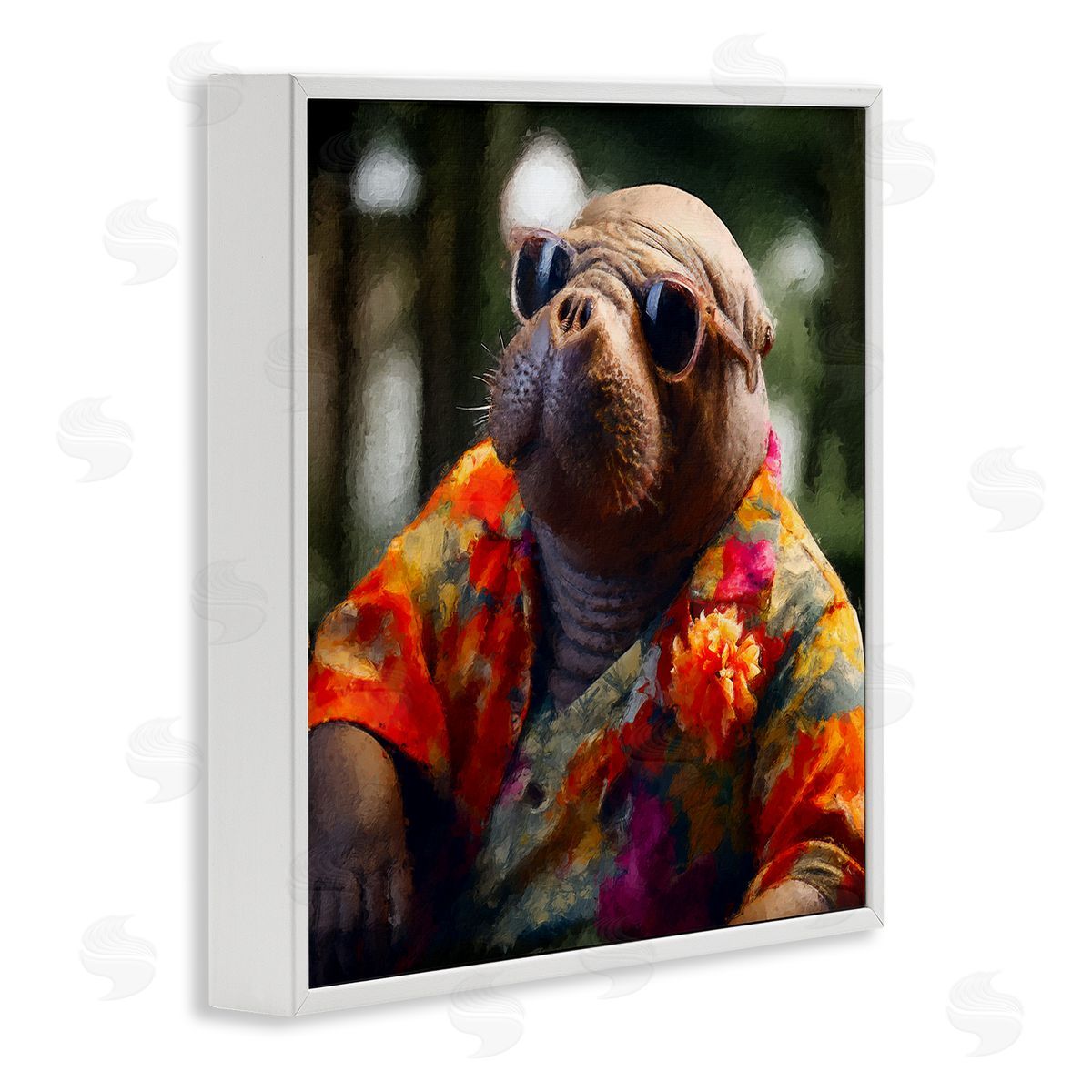 Manatee with Aloha Shirt White Frame Print Wall Art, Home Decor by Sean Parnell