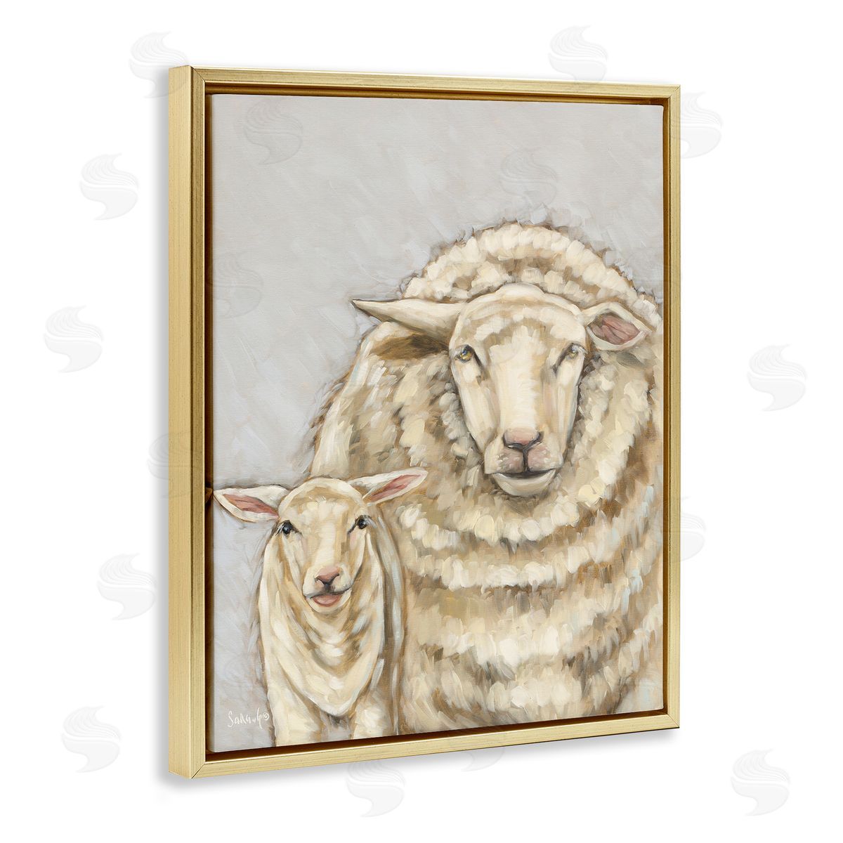 Neutral Sheep and Lamb Gold Floating Frame Canvas Wall Art, Home Decor by Sara G. Designs