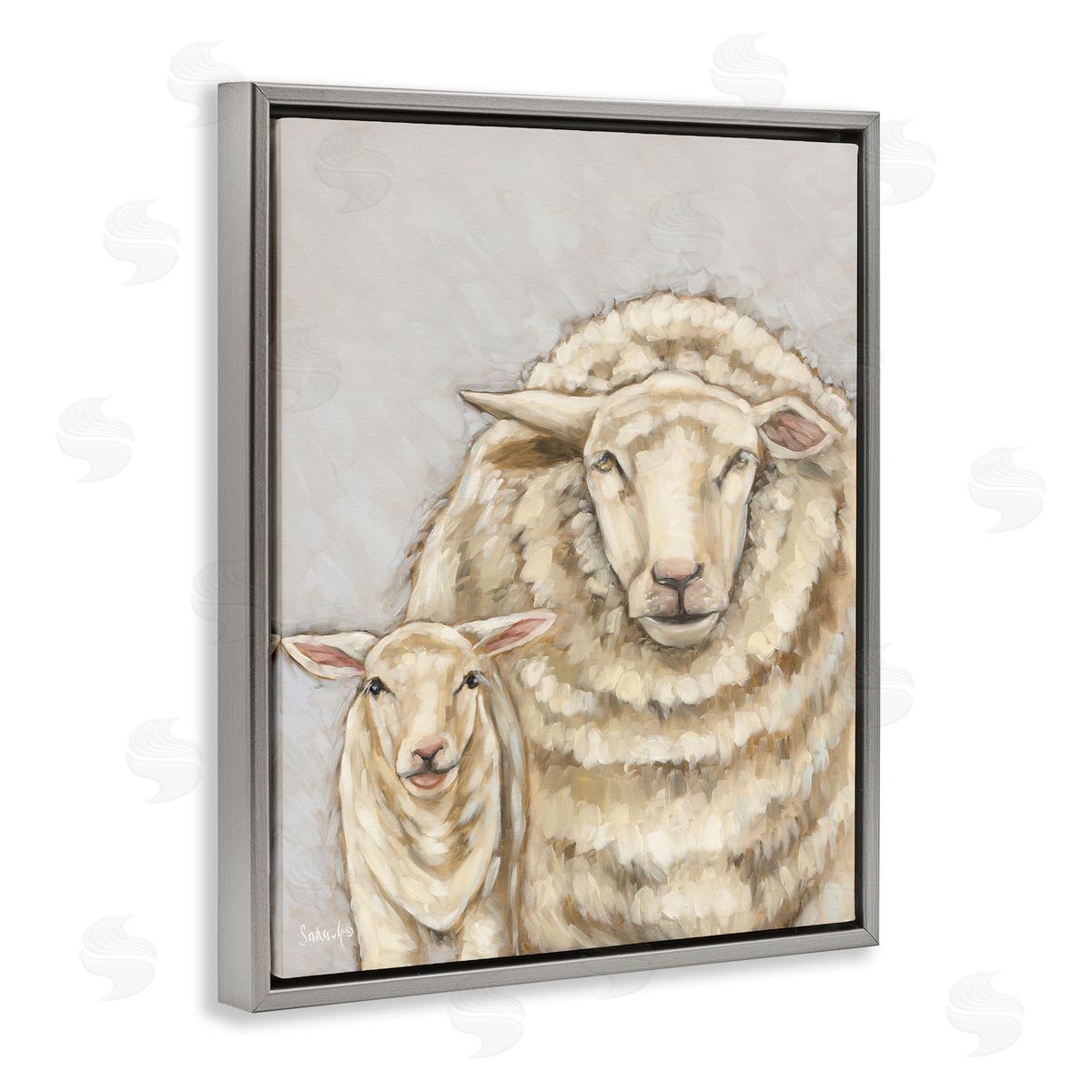 Neutral Sheep and Lamb Grey Floating Frame Canvas Wall Art, Home Decor by Sara G. Designs