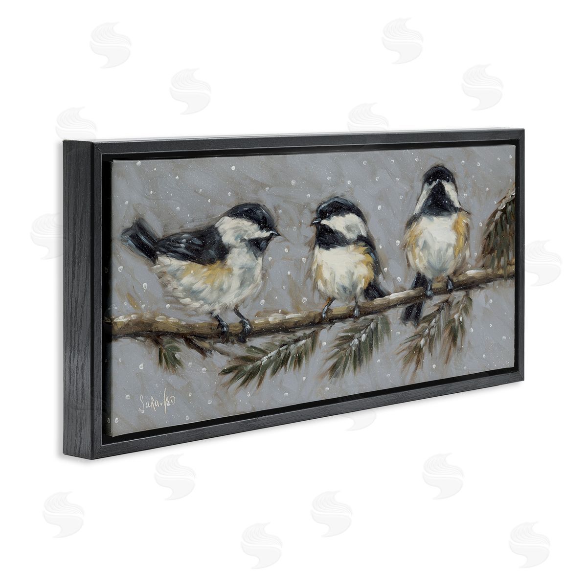 Winter Bird Trio Black Floating Frame Canvas Wall Art, Home Decor by Sara G. Designs