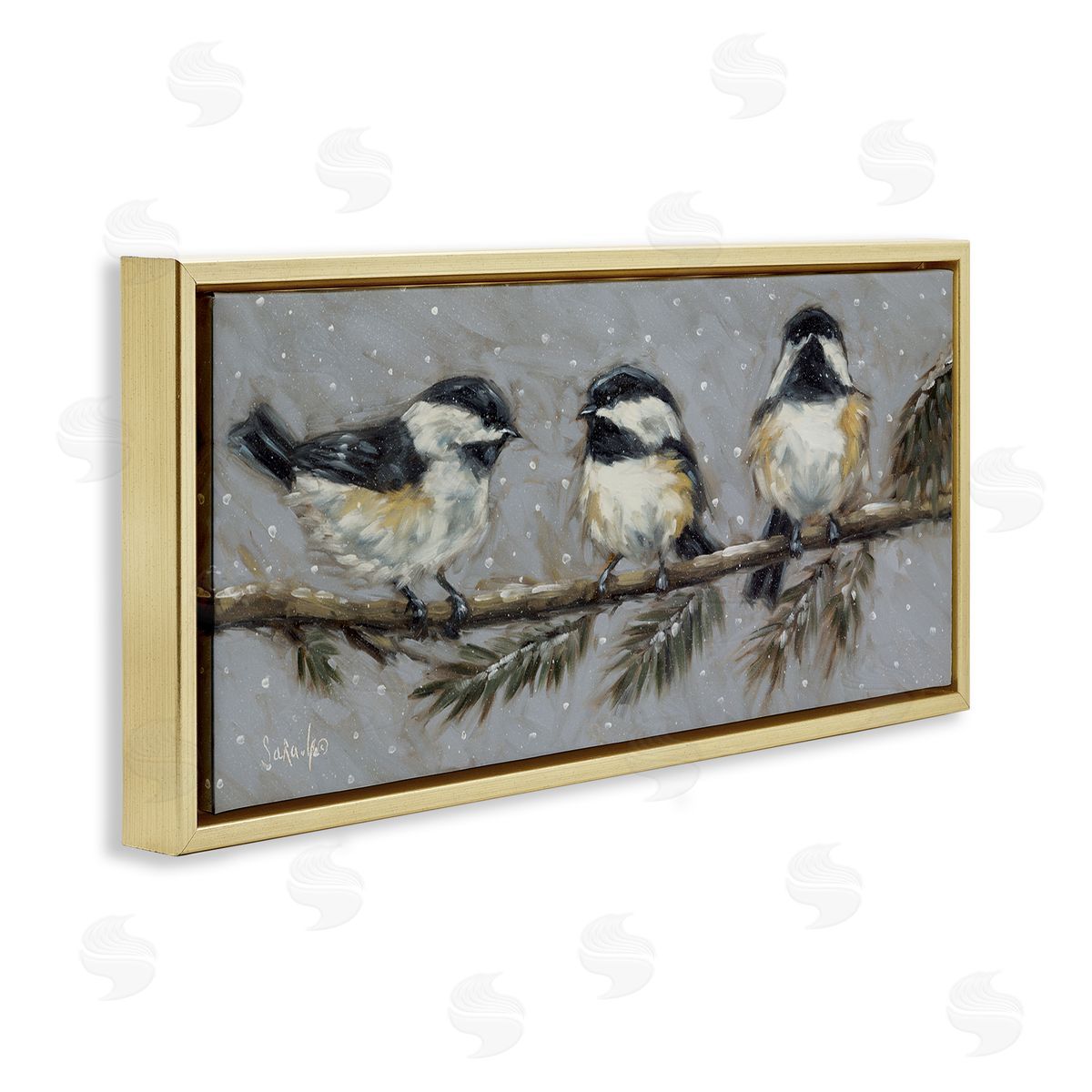 Winter Bird Trio Gold Floating Frame Canvas Wall Art, Home Decor by Sara G. Designs