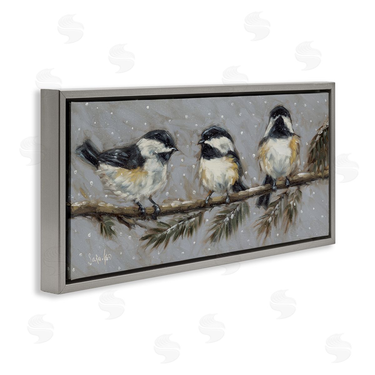Winter Bird Trio Grey Floating Frame Canvas Wall Art, Home Decor by Sara G. Designs