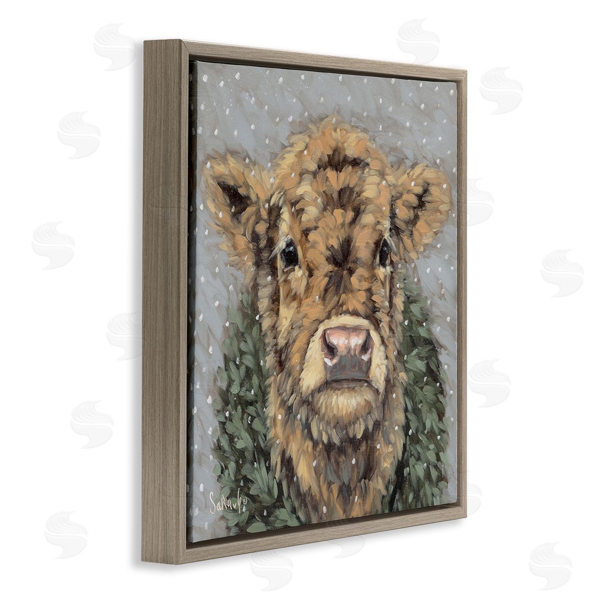 Snowy Cattle and Wreath Brown Floating Frame Canvas Wall Art, Home Decor by Sara G. Designs