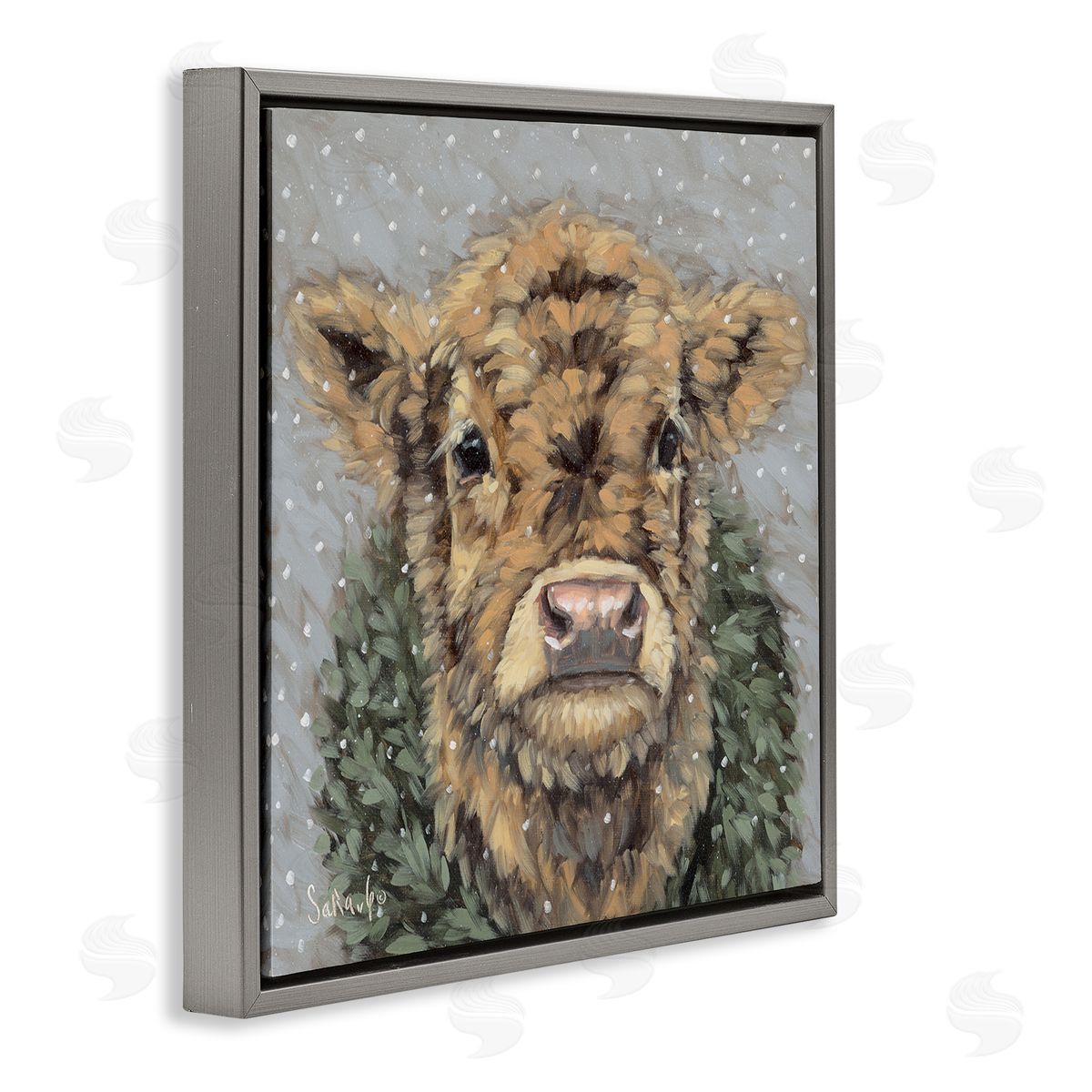 Snowy Cattle and Wreath Grey Floating Frame Canvas Wall Art, Home Decor by Sara G. Designs
