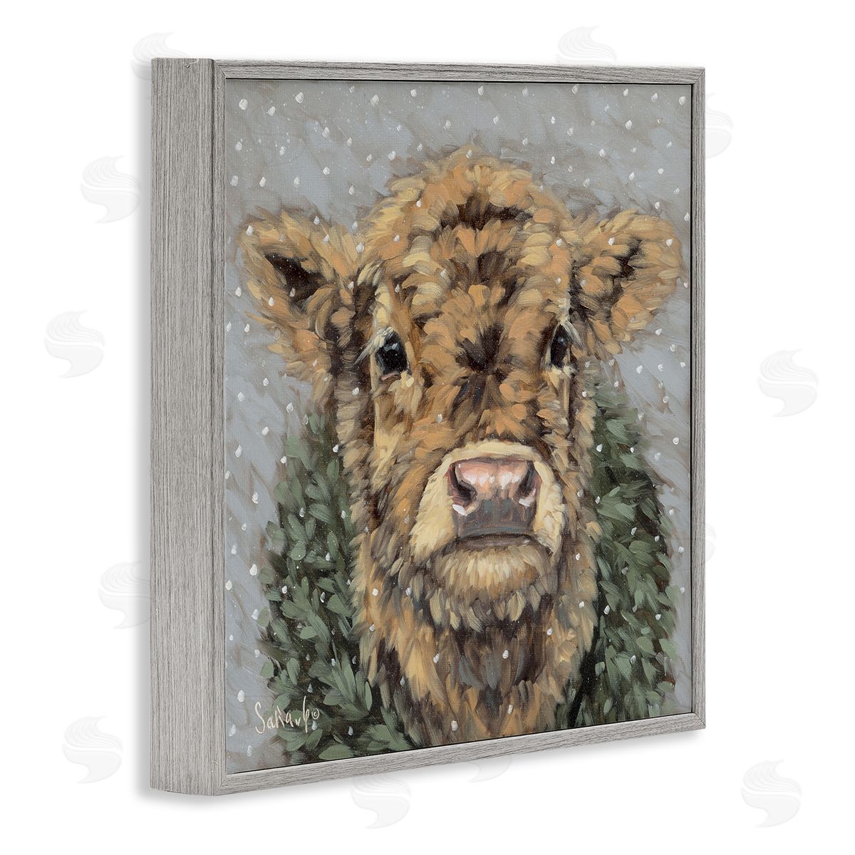 Snowy Cattle and Wreath Grey Frame Print Wall Art, Home Decor by Sara G. Designs