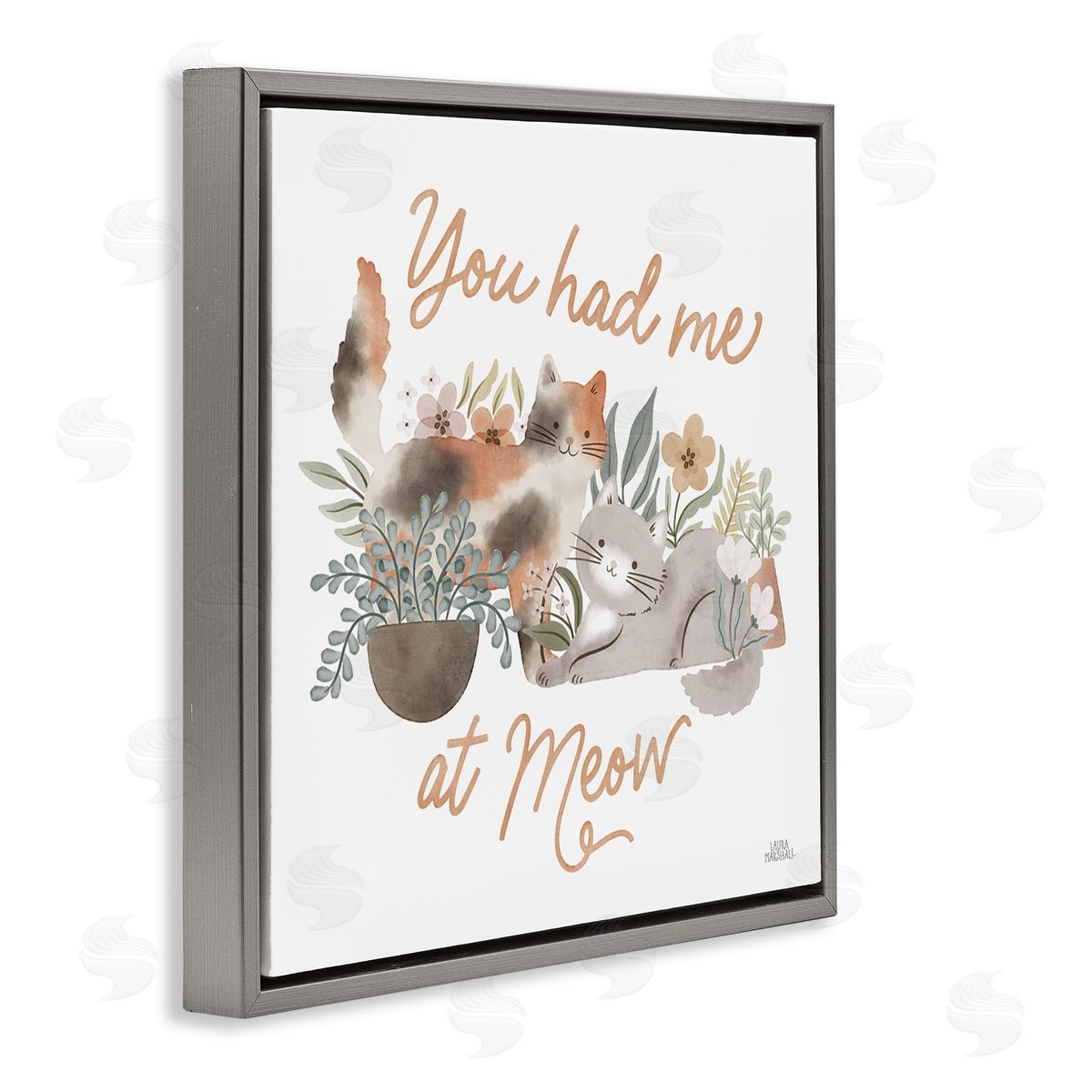 Meow Garden Friends Grey Floating Frame Canvas Wall Art, Home Decor by Laura Marshall