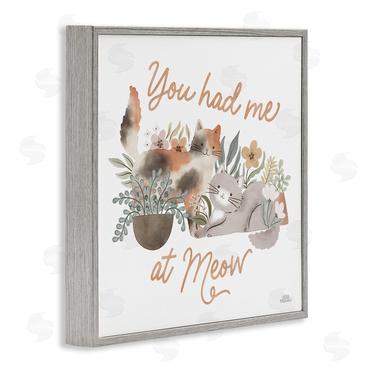 Meow Garden Friends Grey Frame Print Wall Art, Home Decor by Laura Marshall