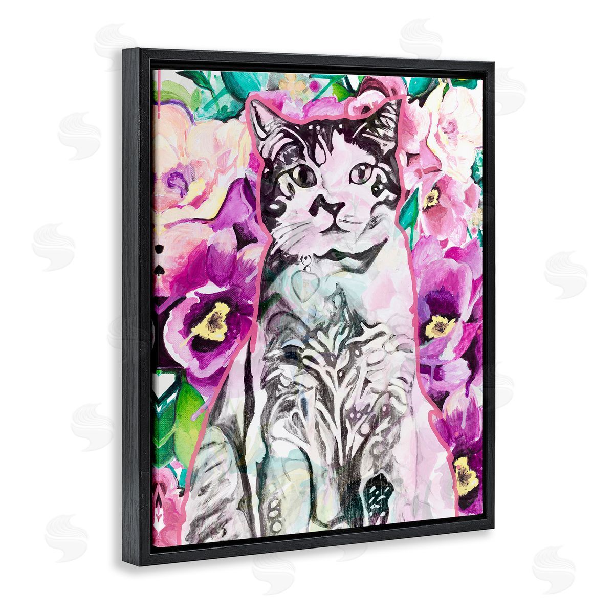 Kitty Among Flowers Black Floating Frame Canvas Wall Art, Home Decor by Chelsea Goodrich