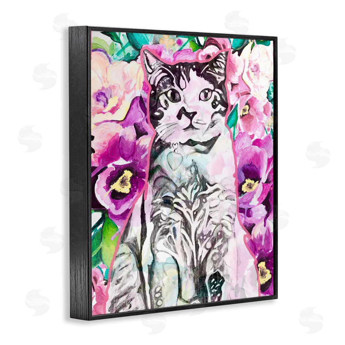 Kitty Among Flowers Black Frame Print Wall Art, Home Decor by Chelsea Goodrich