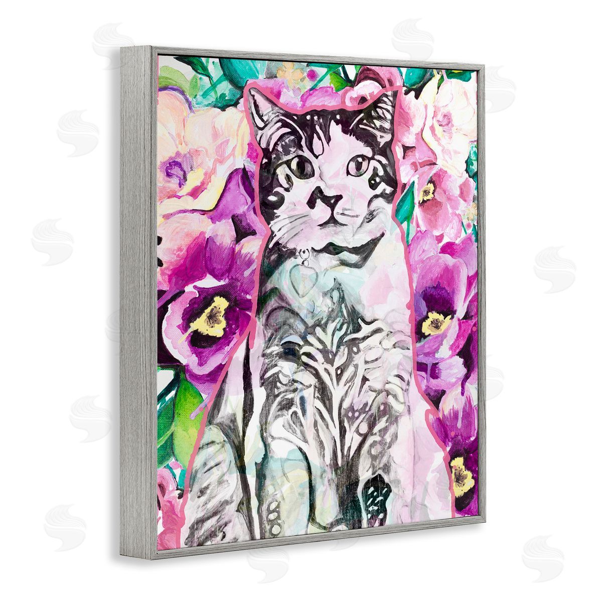 Kitty Among Flowers Grey Frame Print Wall Art, Home Decor by Chelsea Goodrich