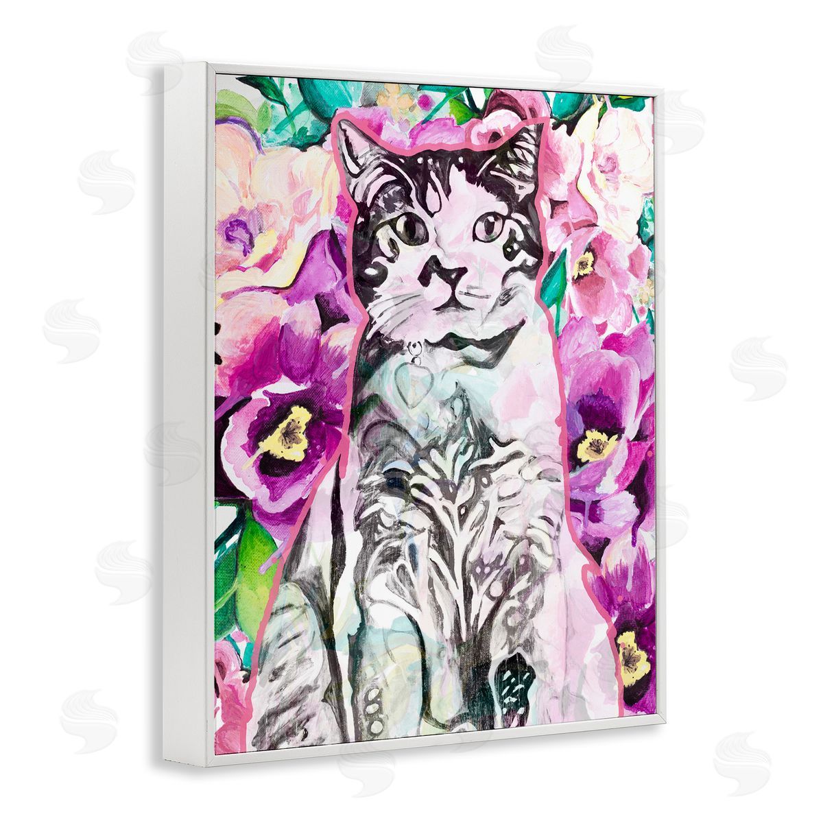 Kitty Among Flowers White Frame Print Wall Art, Home Decor by Chelsea Goodrich