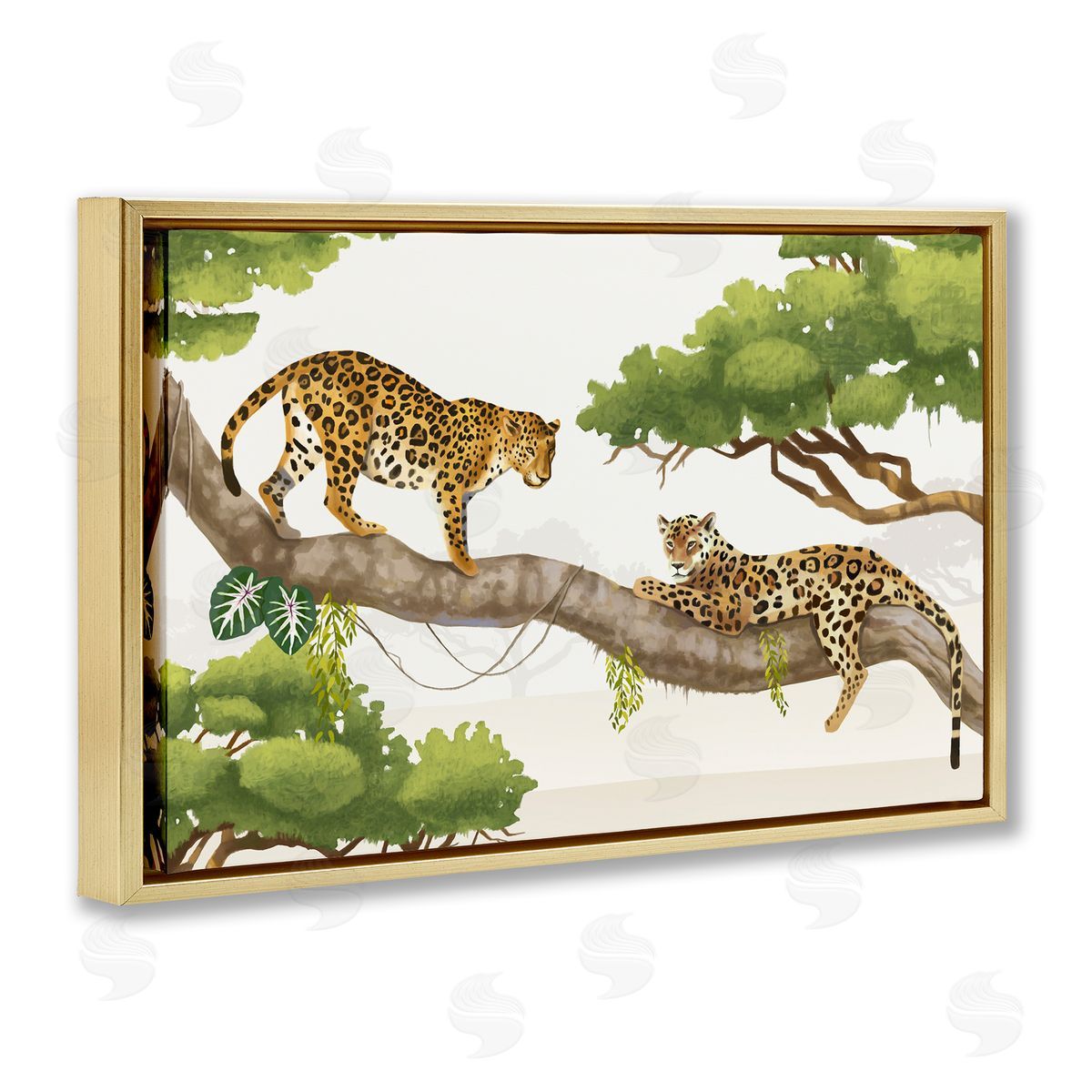 Leopards Prowling on Branch Gold Floating Frame Canvas Wall Art, Home Decor by Lucca Shappard
