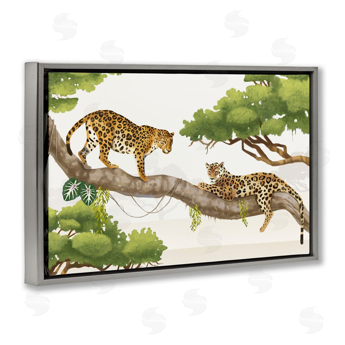 Leopards Prowling on Branch Grey Floating Frame Canvas Wall Art, Home Decor by Lucca Shappard