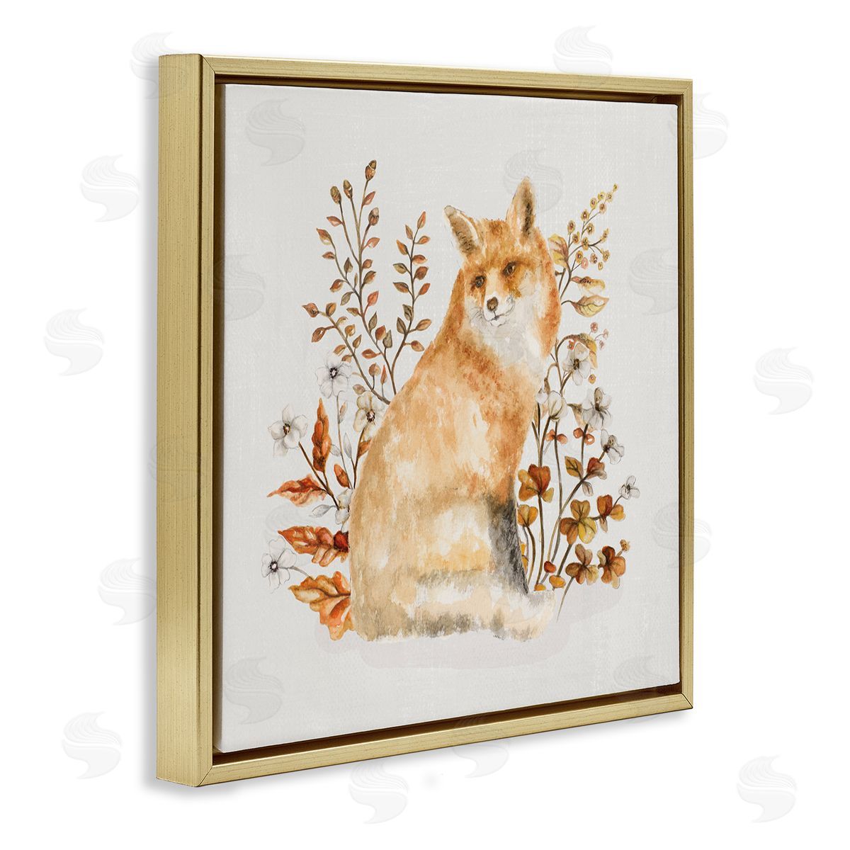Rustic Fox and Botanicals Gold Floating Frame Canvas Wall Art, Home Decor by Janice Gaynor