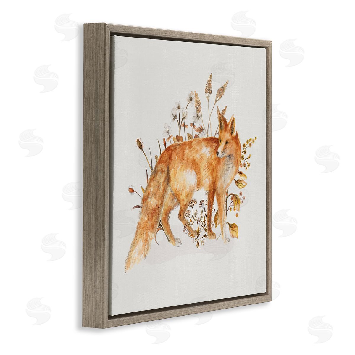 Forest Fox and Botanicals Brown Floating Frame Canvas Wall Art, Home Decor by Janice Gaynor
