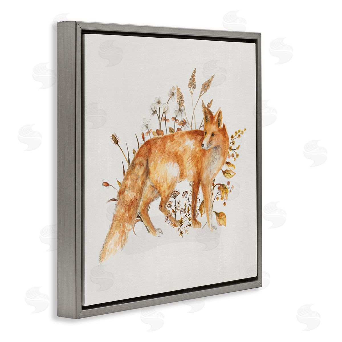 Forest Fox and Botanicals Grey Floating Frame Canvas Wall Art, Home Decor by Janice Gaynor