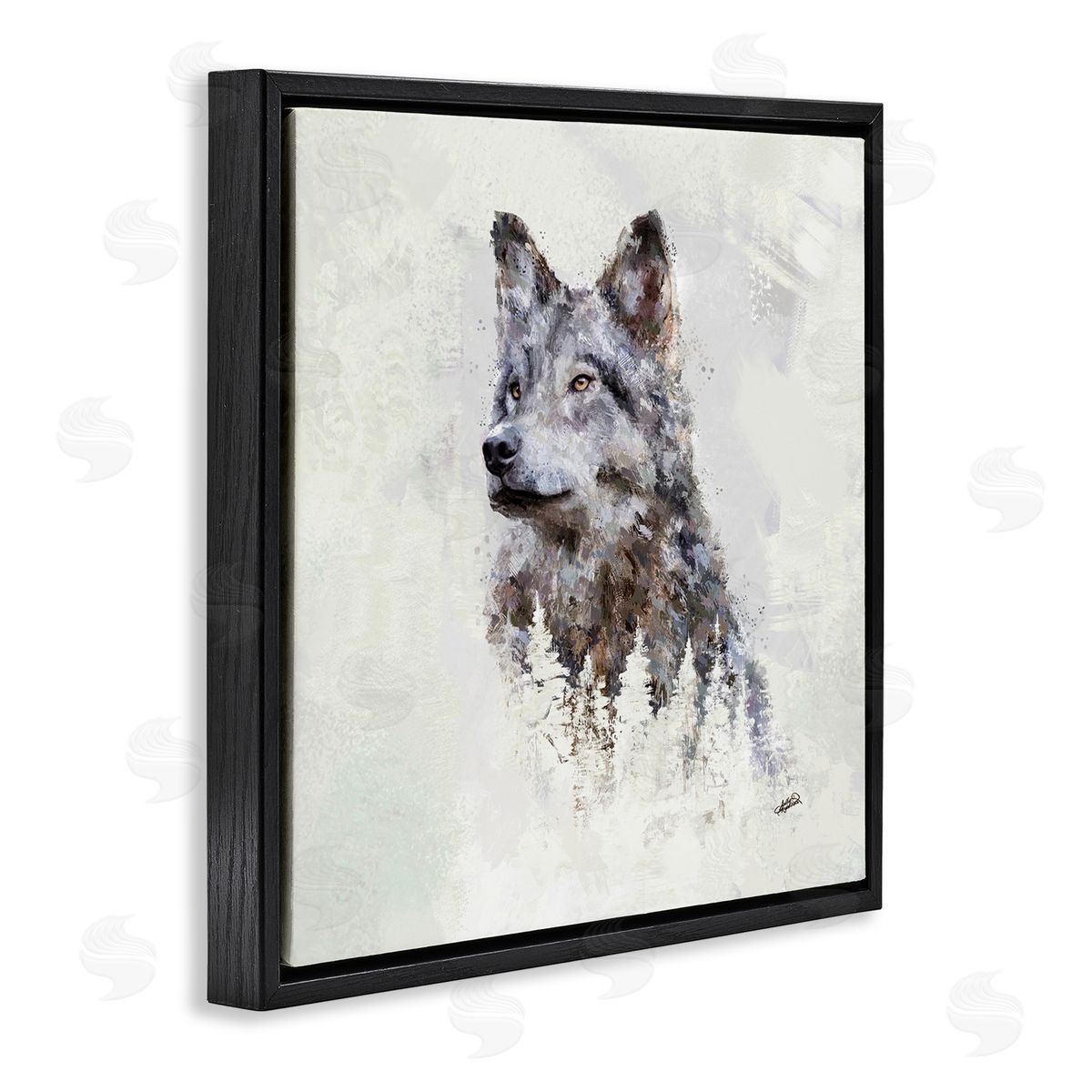 Rustic Wolf and Trees Black Floating Frame Canvas Wall Art, Home Decor by Sally Kaye Barlow/Makaio Design