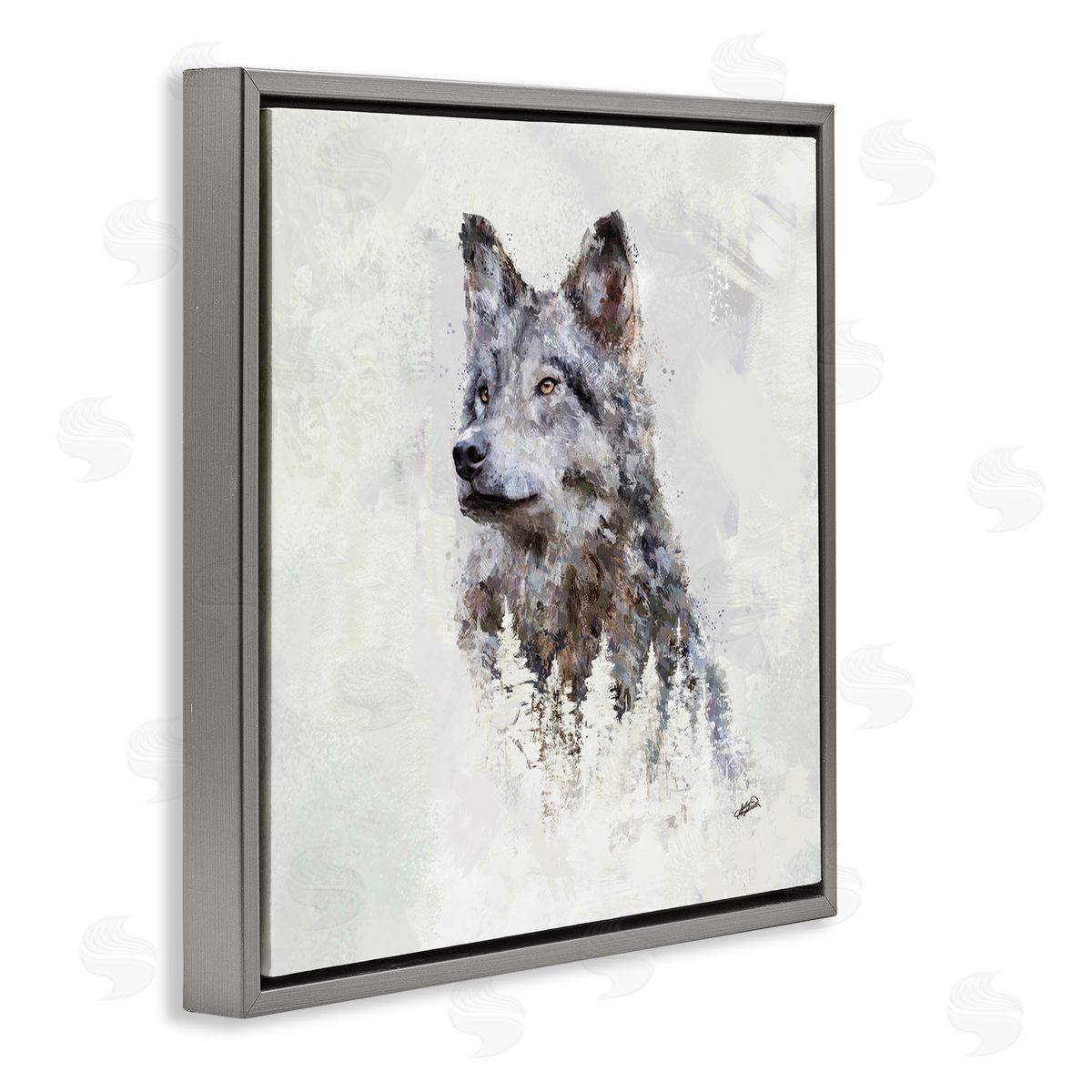 Rustic Wolf and Trees Grey Floating Frame Canvas Wall Art, Home Decor by Sally Kaye Barlow/Makaio Design