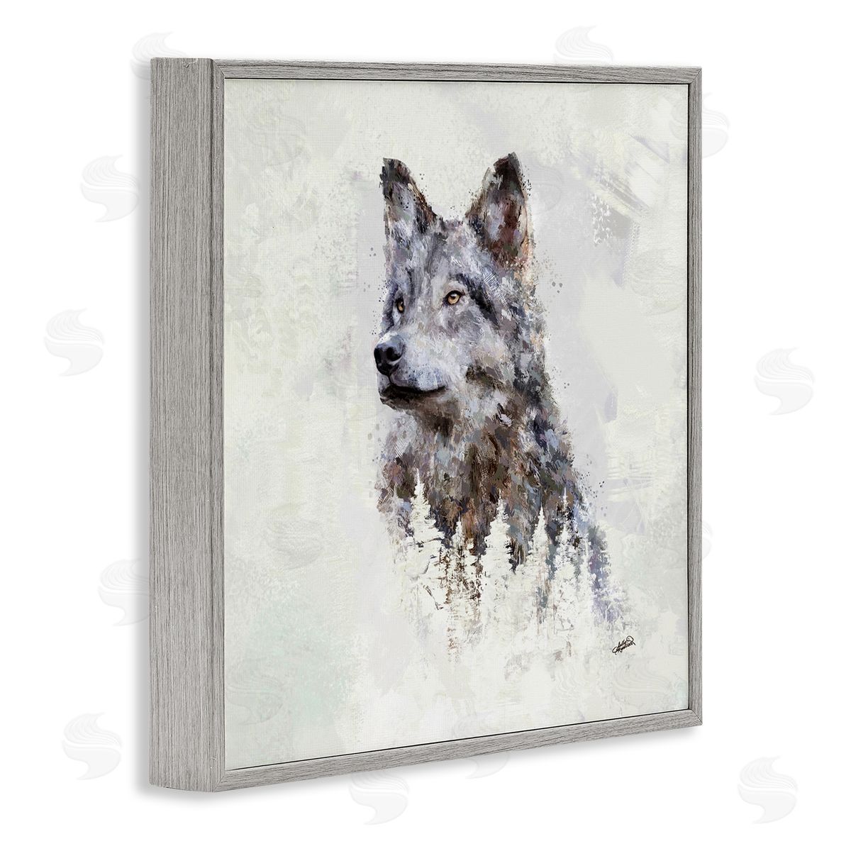 Rustic Wolf and Trees Grey Frame Print Wall Art, Home Decor by Sally Kaye Barlow/Makaio Design