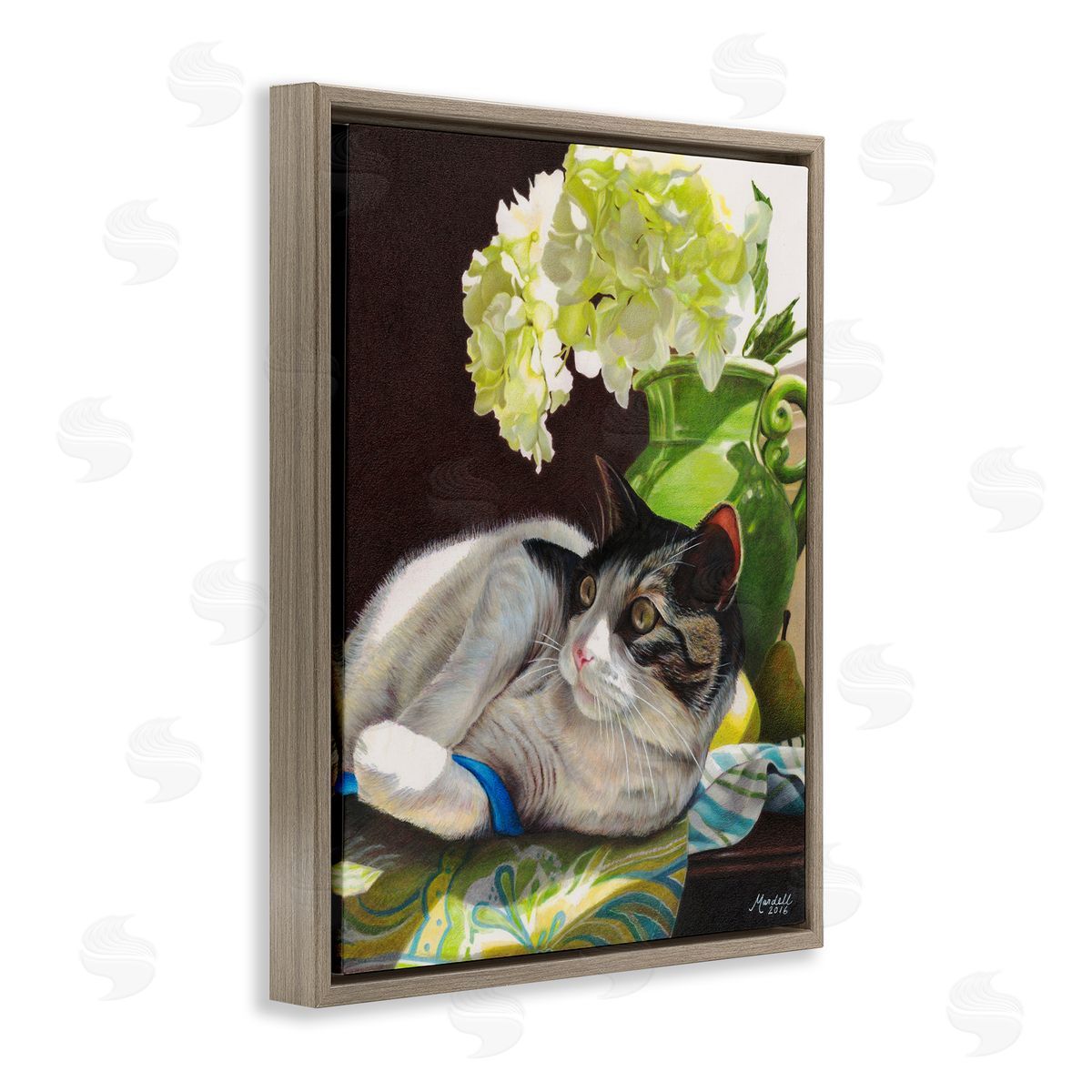 Cat and Blue Ribbon Brown Floating Frame Canvas Wall Art, Home Decor by Mardell Schuster