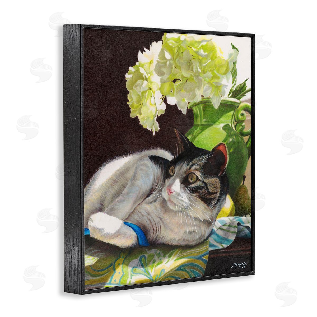 Cat and Blue Ribbon Black Frame Print Wall Art, Home Decor by Mardell Schuster