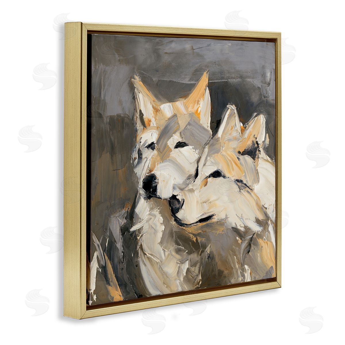 Cuddling Wolf Pair Gold Floating Frame Canvas Wall Art, Home Decor by Julie Denise