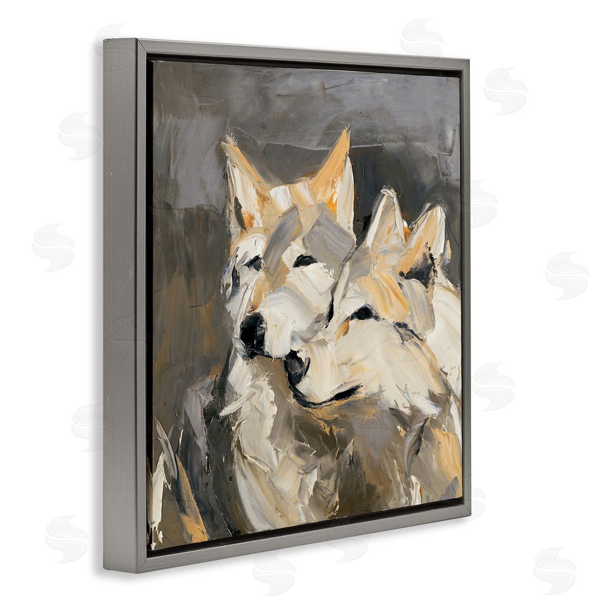 Cuddling Wolf Pair Grey Floating Frame Canvas Wall Art, Home Decor by Julie Denise