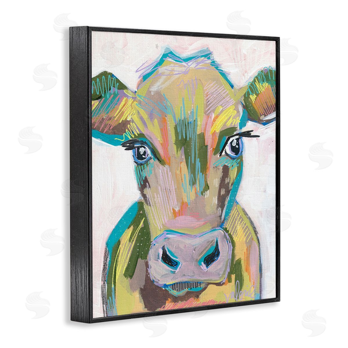 Vivid Cow Visage Black Frame Print Wall Art, Home Decor by Valerie Weiners