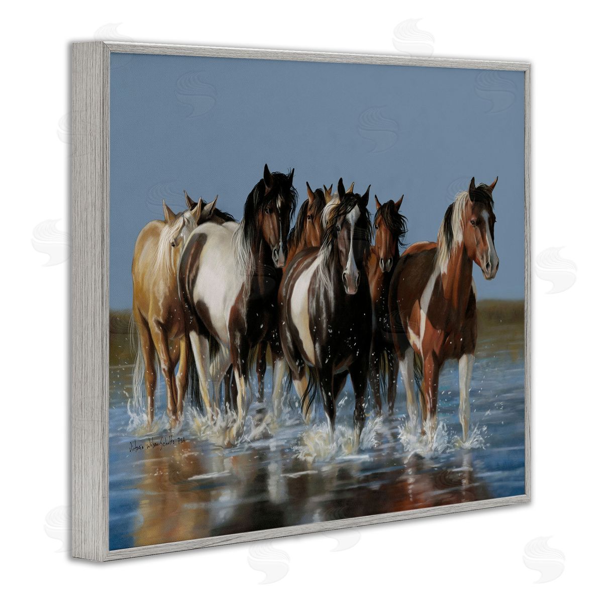 Horses Running Through River Grey Frame Print Wall Art, Home Decor by Victoria Schultz