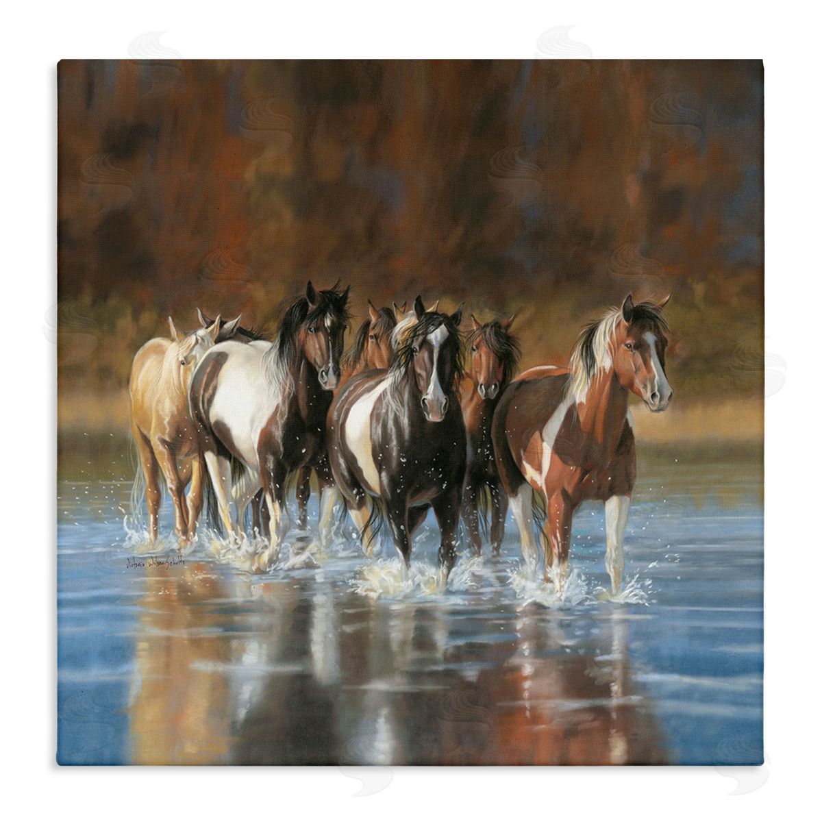 River and Horses Scenery Canvas Wall Art, Home Decor by Victoria Schultz