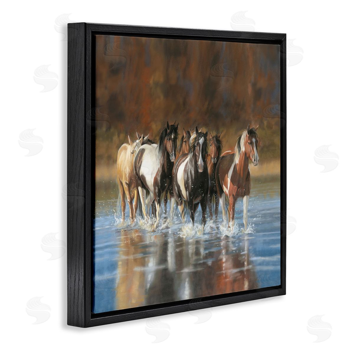 River and Horses Scenery Black Floating Frame Canvas Wall Art, Home Decor by Victoria Schultz