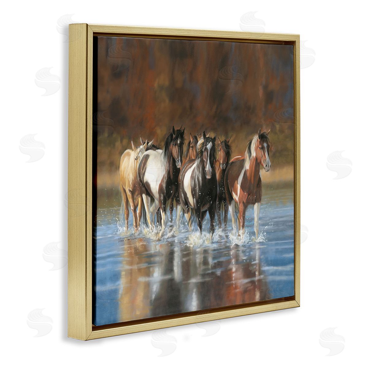 River and Horses Scenery Gold Floating Frame Canvas Wall Art, Home Decor by Victoria Schultz