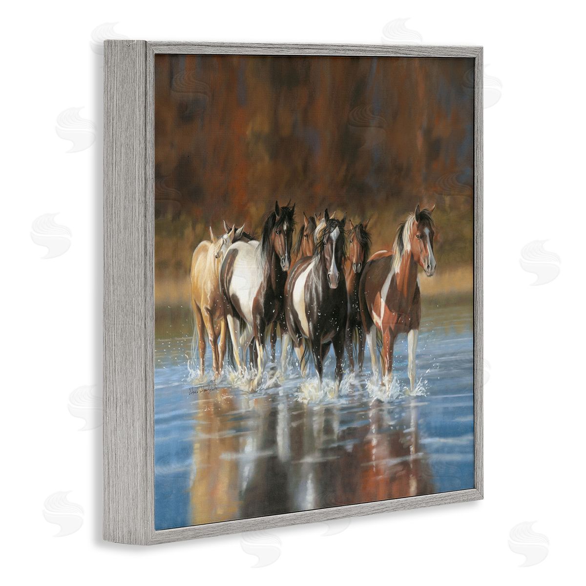 River and Horses Scenery Grey Frame Print Wall Art, Home Decor by Victoria Schultz