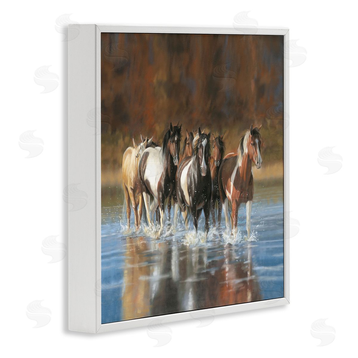 River and Horses Scenery White Frame Print Wall Art, Home Decor by Victoria Schultz