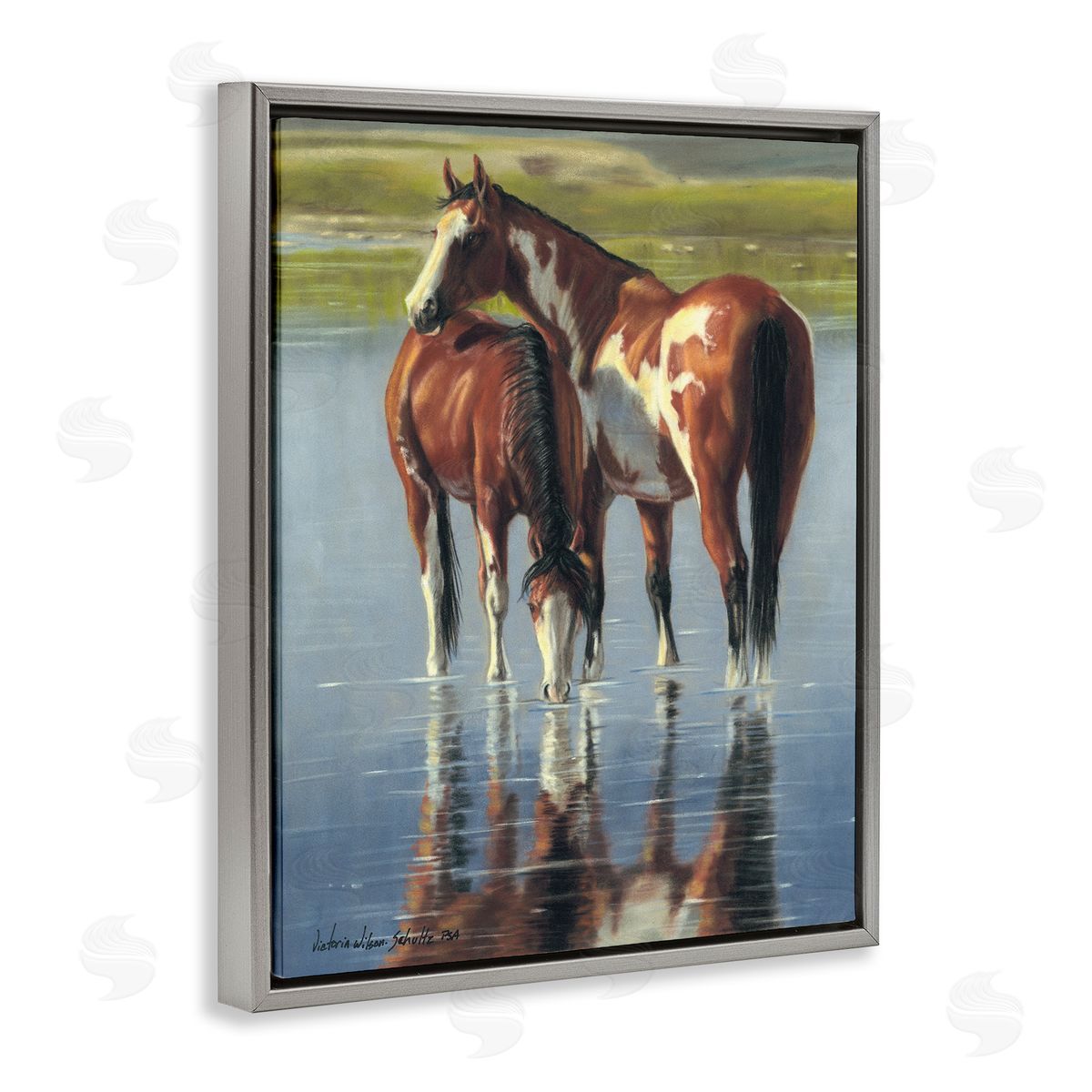 Horse and Foal Splashing Grey Floating Frame Canvas Wall Art, Home Decor by Victoria Schultz