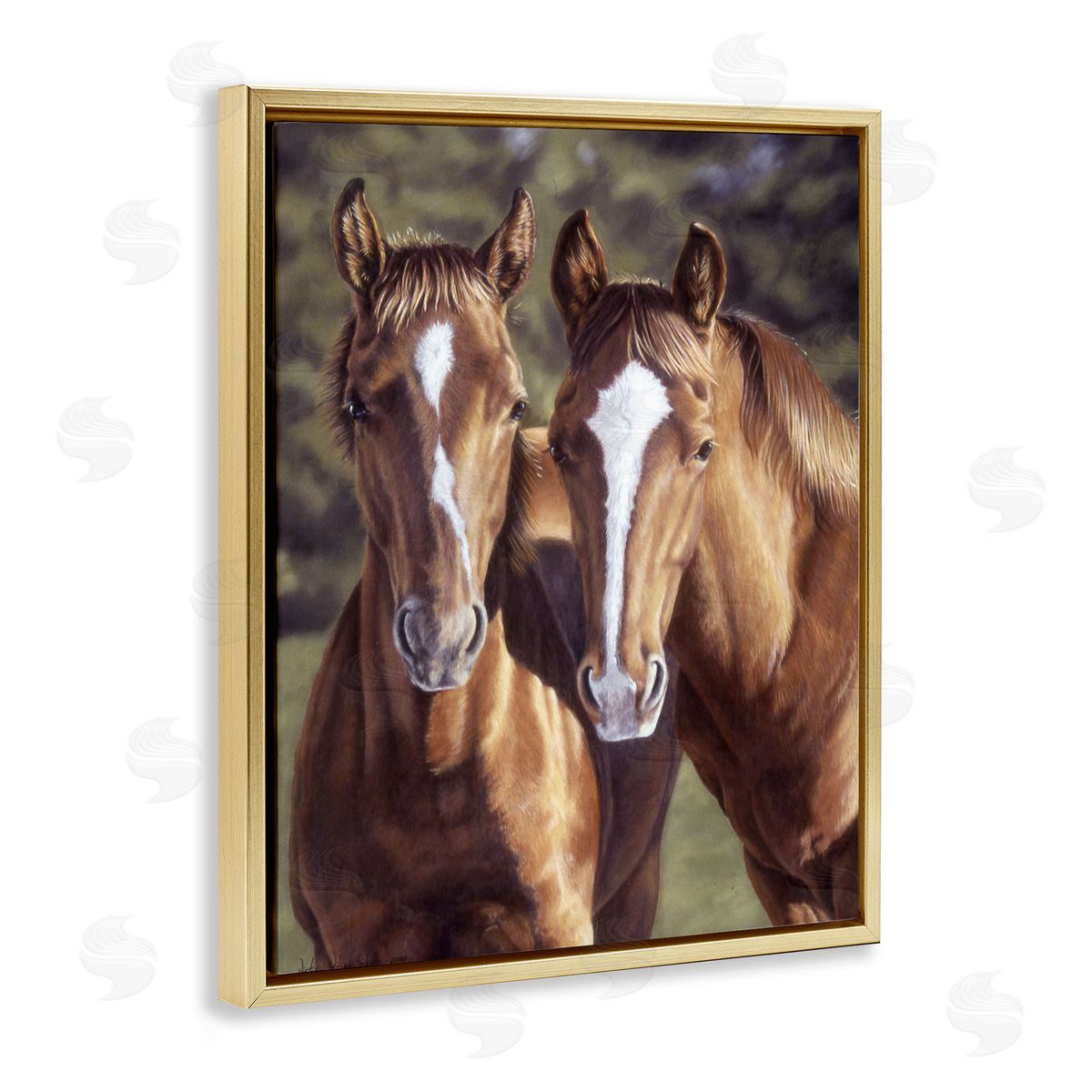Brown Horse Pair Gold Floating Frame Canvas Wall Art, Home Decor by Victoria Schultz